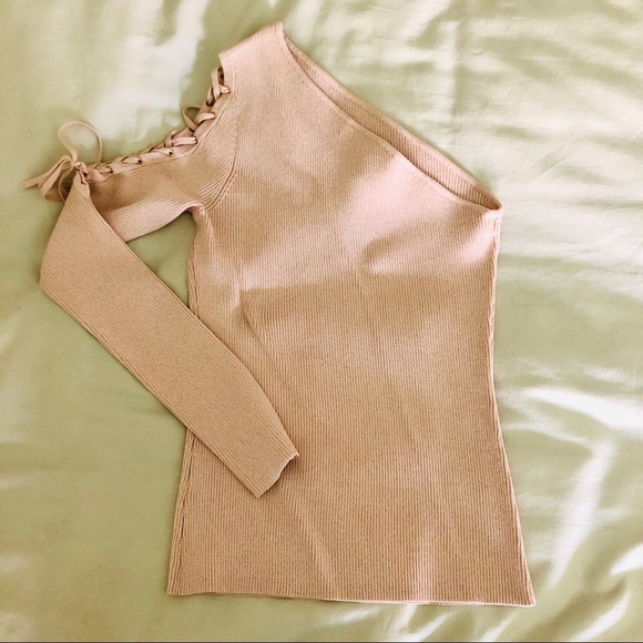 NEW! Scripted One Shoulder Lace-up Sweater, S - Picture 7 of 8